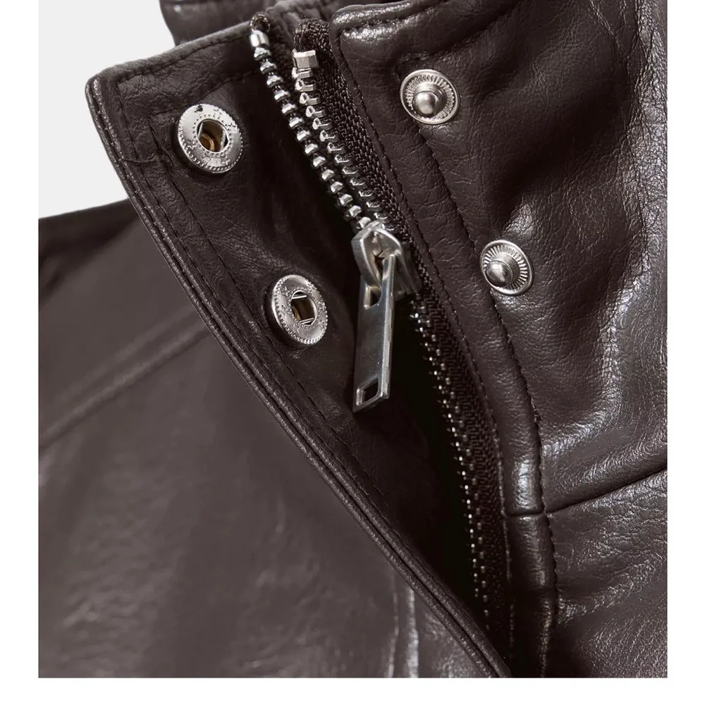 Zara Brown Faux Leather Bomber Jacket - Picture 7 of 9